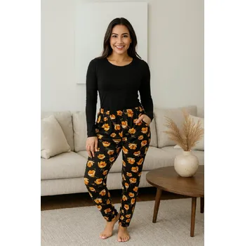 Dámské legíny NOVINKA- Dámské dlouhé legíny černé s oranžovo-žlutým květem