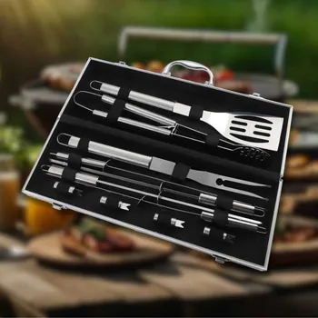 Příslušenství pro gril Tibabu Premium BBQ Master Set – Luxusní 11dílná grilovací sada z nerezové oceli v hliníkovém kufříku pro dokonalý zážitek z grilování, kempování i pikniku