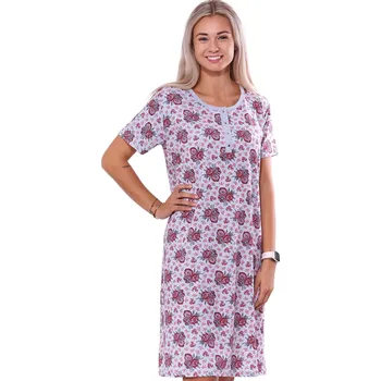 Dámská noční košile Šedá i červená s růžičkama dlouhá noční košilka pro plnoštíhlé ženy či dívky na patentky u krku 1C3715 šedá xl