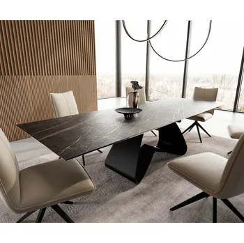 Jídelní stůl DELIFE Jídelní stůl Edge 200-300x100 keramika Laminam®Noir Desir hnědý W-podnož černý rozkládací