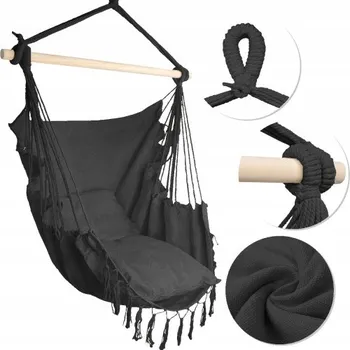 Závěsné křeslo Calma Boho – pohodlné křeslo s třásněmi a dřevěnou tyčí, barva tmavý grafit + se 2 polštáři ZDARMA