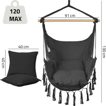 Křeslo Calma Boho – pohodlné křeslo s třásněmi a dřevěnou tyčí, barva tmavý grafit + se 2 polštáři ZDARMA