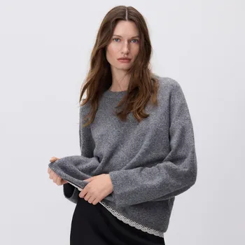 Dámský svetr Reserved - Svetr s krajkovým lemem - tmavě šedá - 069GH-90M - 069GH-90M-S