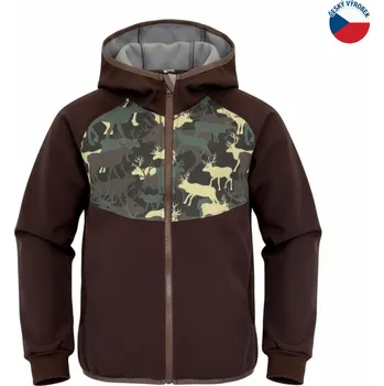 Chlapecká bunda ZÁHOŘÍ Rudel ZÁHOŘÍ Dětská softshellová bunda s kapucí - hnědá s jeleny Velikost: 122