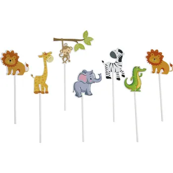 Jedlá dekorace na dort Sada cake topperů Jungle Animals 7 ks – zápichy na dort se zvířátky