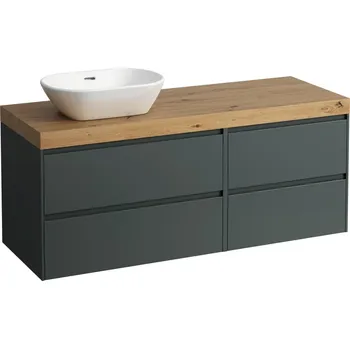 Koupelnový nábytek LAUFEN LANI Modulární sestava 1400, umyvadlová deska 65 mm (.267 divoký dub), s výřezem vlevo, se 4 zásuvkami: zásuvkový element 800 levý + zásuvkový element 600 pravý 1370x495, Šedá traffic - H4065821122661