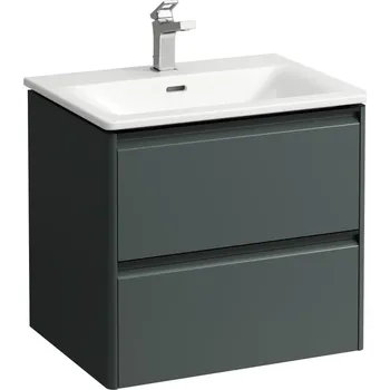 Koupelnový nábytek LAUFEN PALACE Umyvadlo slim se skříňkou 60 cm, se 2 zásuvkami, vč. dělícího systému do zásuvek. Lze instalovat standardní nebo prostorově úsporný sifon H894250, s držákem z tmavého hliníku 600x450, Šedá traffic - H8617022661041