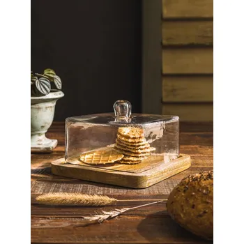 Skleněný poklop s dřevěným prkénkem čtvercový 12 x 18 x 18 cm