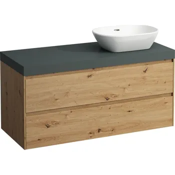 Koupelnový nábytek LAUFEN LANI Modulární sestava 1200, umyvadlová deska 65 mm (.266 šedá traffic), s výřezem vpravo, se 2 zásuvkami 1185x495, Divoký dub - H4055731122671