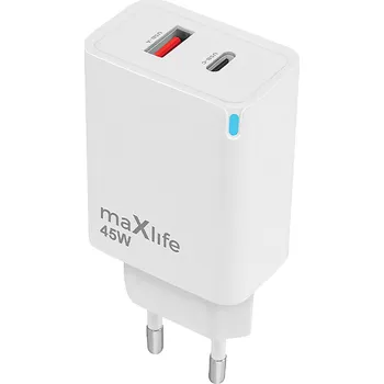 Nabíječka MAXLIFE GaN PD QC 45W - 1x USB-C + 1x USB - bílá