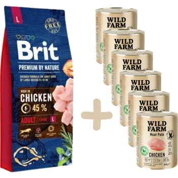 Volný čas BRIT Premium By Nature Adult L 15kg+ 6xWILD FARM Pate Chicken 800g bezlepkové krmivo pro psy
