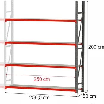 Dílenský regál Regalydoskladu Kovový skladový regál se 4 policemi FORTIS 200x258,5x50 cm, přídavný modul