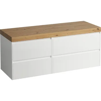 Koupelnový nábytek LAUFEN LANI Modulární sestava 1400, umyvadlová deska 65 mm (.267 divoký dub), bez výřezu, se 4 zásuvkami: zásuvkový element 800 pravý + zásuvkový element 600 levý 1370x495, Bílá lesklá - H4065811122611
