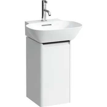 Koupelnový nábytek LAUFEN BASE Skříňka pod umyvadlo, 1 dvířka, závěsy vlevo, 1 vnitřní polička, pro umývátko H815301, s držákem z tmavého hliníku 275x295, Bílá mat - H4030131102601