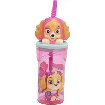 Láhev dětská láhev s brčkem tlapková patrola 360 ml růžová