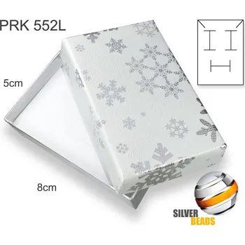 Dárková krabička Krabička na šperky. Materiál papír+mašle . Ozn. PRK 552L. Velikost 5x8cm. Barva Bílo/Stříbrná s potiskem VLOČKY (stříbrná barva)