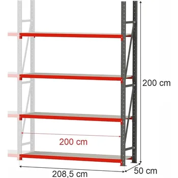 Dílenský regál Regalydoskladu Kovový skladový regál se 4 policemi FORTIS 200x208,5x50 cm, přídavný modul