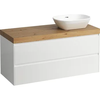 Koupelnový nábytek LAUFEN LANI Modulární sestava 1200, umyvadlová deska 65 mm (.267 divoký dub), s výřezem vpravo, se 2 zásuvkami 1185x495, Bílá lesklá - H4065731122611