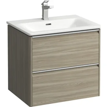 Umyvadlo LAUFEN PALACE Umyvadlo slim se skříňkou 60 cm, se 2 zásuvkami, vč. dělícího systému do zásuvek. Lze instalovat standardní nebo prostorově úsporný sifon H894250, s držákem z eloxovaného hliníku 600x450, Světlý jilm - H8607022621041