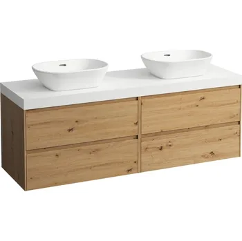 Koupelnový nábytek LAUFEN LANI Modulární sestava 1600, umyvadlová deska 65 mm (.260 bílá mat), s výřezy vlevo a vpravo, se 4 zásuvkami: zásuvkový element 800 pravý + zásuvkový element 800 levý 1570x495, Divoký dub - H4045941122671