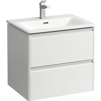 Umyvadlo LAUFEN PALACE Umyvadlo slim se skříňkou 60 cm, se 2 zásuvkami, vč. dělícího systému do zásuvek. Lze instalovat standardní nebo prostorově úsporný sifon H894250, s držákem z eloxovaného hliníku 600x450, Bílá lesklá - H8607022611041