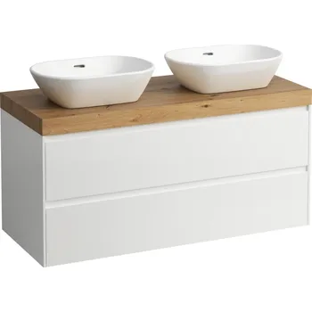 Koupelnový nábytek LAUFEN LANI Modulární sestava 1200, umyvadlová deska 65 mm (.267 divoký dub), s výřezem vlevo a vpravo, se 2 zásuvkami. Lze instalovat standardní nebo prostorově úsporný sifon H894250, umyvadlová deska v barvě divoký dub 1185x495, Bílá lesklá - H406574112