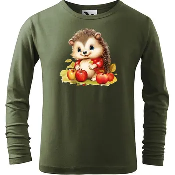 Dětská móda DOBRÝ TRIKO Dětské bavlněné triko Ježek s jablky Velikost: 122/6 let, Barva: Khaki
