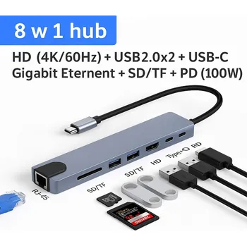 USB hub HUB ADAPTÉR PŘEVODNÍK USB-C 8v1 2xUSB HDMI SD RJ45