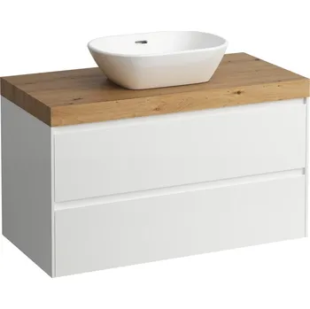 Koupelnový nábytek LAUFEN LANI Modulární sestava 1000, umyvadlová deska 65 mm (.267 divoký dub), s výřezem uprostřed, se 2 zásuvkami 985x495, Bílá mat - H4065611122601