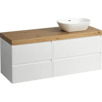 Koupelnový nábytek LAUFEN LANI Modulární sestava 1400, umyvadlová deska 65 mm (.267 divoký dub), s výřezem vpravo, se 4 zásuvkami: zásuvkový element 800 pravý + zásuvkový element 600 levý 1370x495, Special colour - H4065831129901