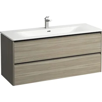 Koupelnový nábytek LAUFEN PALACE Umyvadlo slim se skříňkou 120 cm, se 2 zásuvkami, vč. dělícího systému do zásuvek. Lze instalovat standardní nebo prostorově úsporný sifon H894250, s držákem z eloxovaného hliníku 1200x450, Světlý jilm - H8617092621041