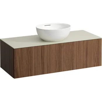 Umyvadlo LAUFEN ILBAGNOALESSI Zásuvkový element 1200, s jednou zásuvkou, s výřezem uprostřed, s vrchní deskou Calce Avorio vč. otvoru pro baterii, pro umyvadlo H818975/6, H818977/8 1200x500, Noce canaletto - Dřevěná dýha - H4313150976301