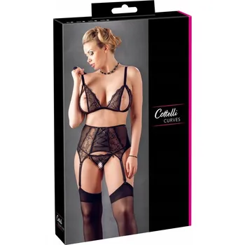 Dámské erotické prádlo Cottelli Plus - Krajkový trio prádla (černé) - XXL