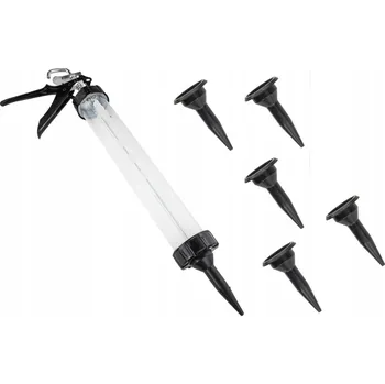 Vytlačovací pistole PISTOLE PRO APLIKACI SILIKONU, TRANSPARENTNÍ, ZESÍLENÁ, 600ML + 5 TRYSKEK