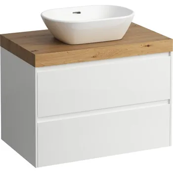 Nábytek LAUFEN LANI Modulární sestava 800, umyvadlová deska 65 mm (.267 divoký dub), s výřezem uprostřed, se 2 zásuvkami 785x495, Bílá mat - H4065511122601