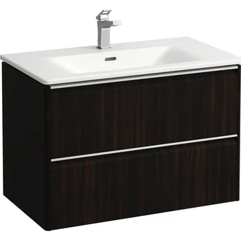 Koupelnový nábytek LAUFEN PALACE Umyvadlo slim se skříňkou 80 cm, se 2 zásuvkami, vč. dělícího systému do zásuvek. Lze instalovat standardní nebo prostorově úsporný sifon H894250, s držákem z eloxovaného hliníku 800x450, Tmavěhnědý jilm - H8607052631041