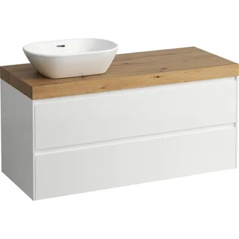Koupelnový nábytek LAUFEN LANI Modulární sestava 1200, umyvadlová deska 65 mm (.267 divoký dub), s výřezem vlevo, se 2 zásuvkami 1185x495, Bílá lesklá - H4065721122611