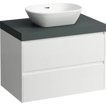 Nábytek LAUFEN LANI Modulární sestava 800, umyvadlová deska 65 mm (.266 šedá traffic), s výřezem uprostřed, se 2 zásuvkami 785x495, Bílá mat - H4055511122601