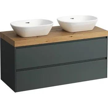 Koupelnový nábytek LAUFEN LANI Modulární sestava 1200, umyvadlová deska 65 mm (.267 divoký dub), s výřezem vlevo a vpravo, se 2 zásuvkami. Lze instalovat standardní nebo prostorově úsporný sifon H894250, umyvadlová deska v barvě divoký dub 1185x495, Šedá traffic - H40657411