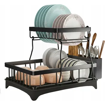 Odkapávač na nádobí Odkapávač na nádobí dvoupatrový odkapávač s táckou kovový černý s nádobou