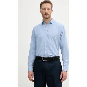 Pánská košile Lněná košile Sisley pánská, modrá barva, regular, s klasickým límcem, 51FCSQ03G 55X, vel. XL