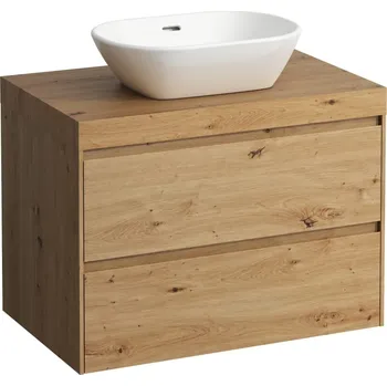 Koupelnový nábytek LAUFEN LANI Modulární sestava 800, umyvadlová deska 65 mm (.267 divoký dub), s výřezem uprostřed, se 2 zásuvkami 785x495, Divoký dub - H4065511122671