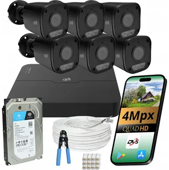 Bezpečnostní kamera Domácí monitorovací systém, sada 6 černých IP PoE kamer (tubus), 4Mpx, IR LED, 1TB DVS