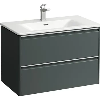Koupelnový nábytek LAUFEN PALACE Umyvadlo slim se skříňkou 80 cm, se 2 zásuvkami, vč. dělícího systému do zásuvek. Lze instalovat standardní nebo prostorově úsporný sifon H894250, s držákem z eloxovaného hliníku 800x450, Šedá traffic - H8607052661041