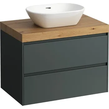 Nábytek LAUFEN LANI Modulární sestava 800, umyvadlová deska 65 mm (.267 divoký dub), s výřezem uprostřed, se 2 zásuvkami 785x495, Šedá traffic - H4065511122661