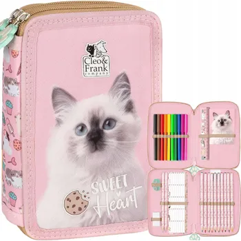 Penál Penál rozkládací dvojitý Derform růžový koťátko s vybavením