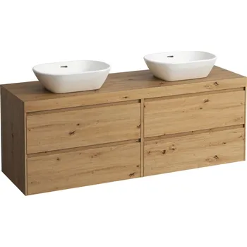 Koupelnový nábytek LAUFEN LANI Modulární sestava 1600, umyvadlová deska 65 mm (.267 divoký dub), s výřezy vlevo a vpravo, se 4 zásuvkami: zásuvkový element 800 pravý + zásuvkový element 800 levý 1570x495, Divoký dub - H4065941122671
