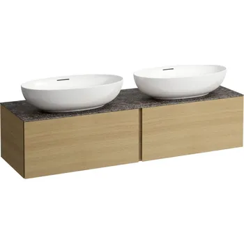 Umyvadlo LAUFEN ILBAGNOALESSI Zásuvkový element 1600, se 2 zásuvkami, s výřezem vlevo a vpravo, s vrchní deskou Marrone Naturale vč. otvoru pro baterii, pro umyvadlo H818975/6, H818977/8 1600x500, Světlý dub - H4323570972501