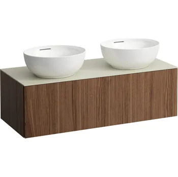 Umyvadlo LAUFEN ILBAGNOALESSI Zásuvkový element 1200, s jednou zásuvkou, s výřezem vlevo a vpravo, s vrchní deskou Calce Avorio vč. otvoru pro baterii, pro umyvadlo H818975/6 1200x500, Noce canaletto - Dřevěná dýha - H4313180976301