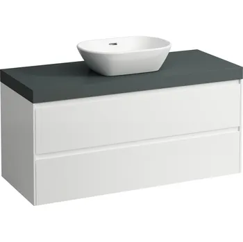 Koupelnový nábytek LAUFEN LANI Modulární sestava 1200, umyvadlová deska 65 mm (.266 šedá traffic), s výřezem uprostřed, se 2 zásuvkami 1185x495, Bílá lesklá - H4055711122611